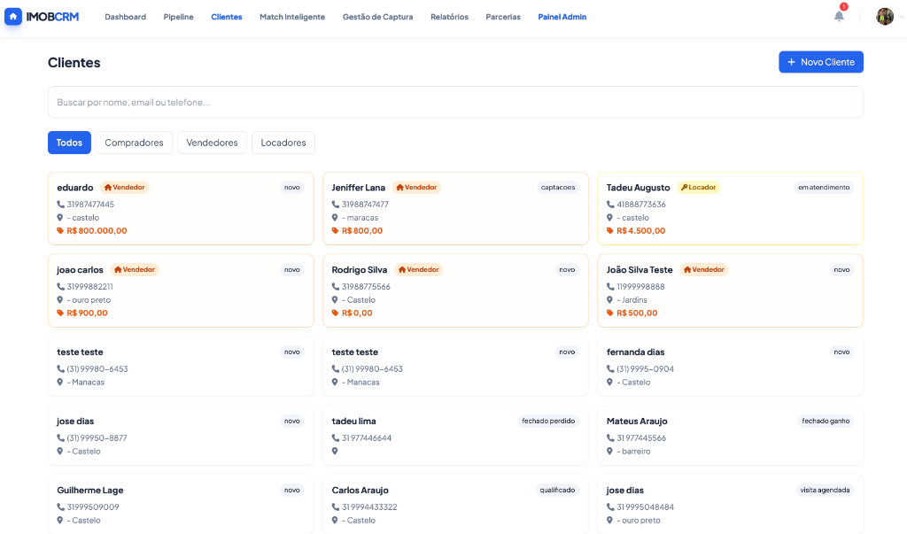 Gestão de Clientes - Lista completa de compradores, vendedores e locadores organizados