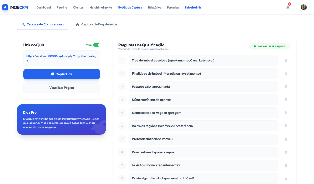 Captura de Compradores - Quiz personalizado com perguntas de qualificação automática